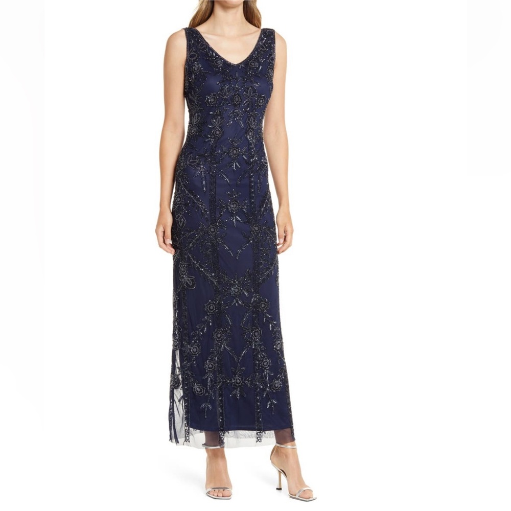 Pisarro Nights beaded mesh sleeveless Embellished Midi Dress size 6